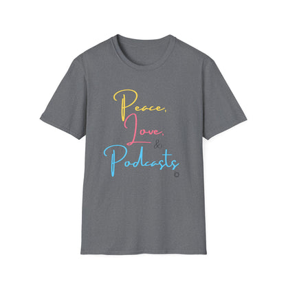 Peace, Love, & Podcasts Unisex Softstyle Cotton Tee - Colorful Print