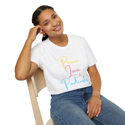 Peace, Love, & Podcasts Unisex Softstyle Cotton Tee - Colorful Print