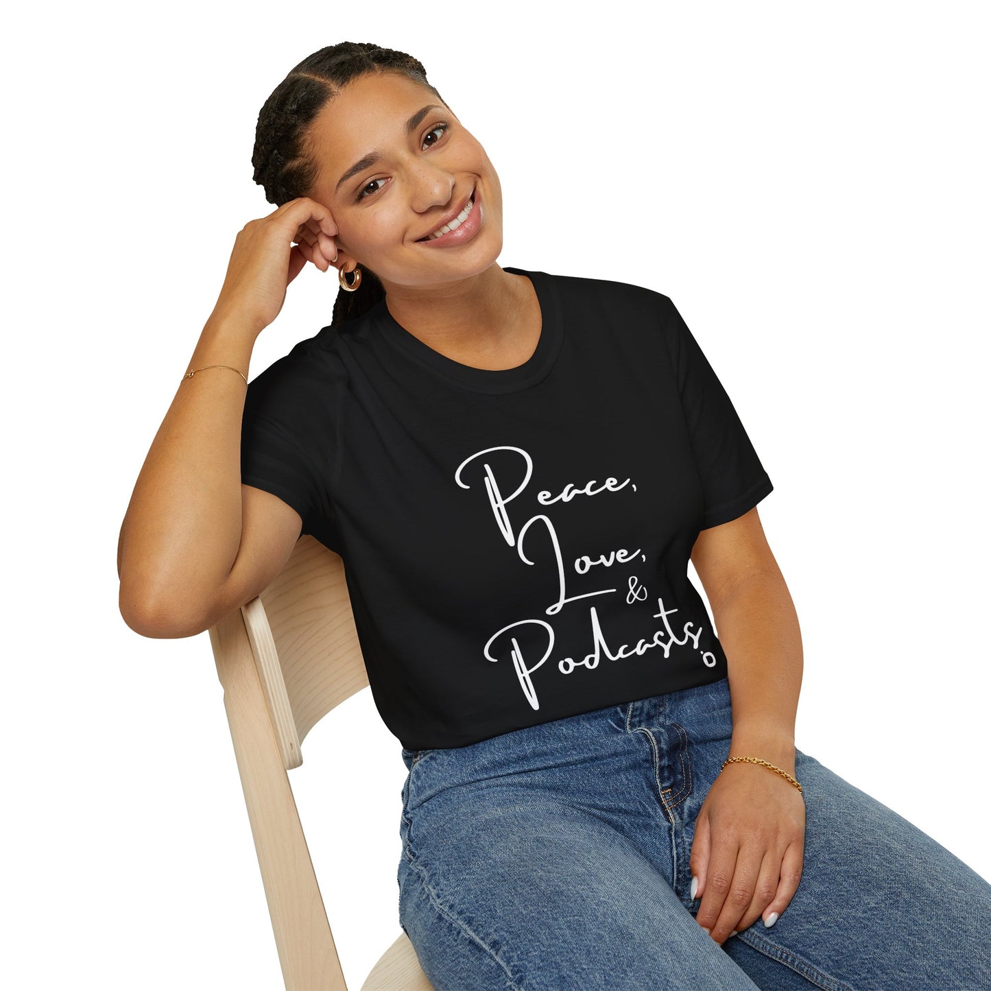 Peace, Love, & Podcasts Unisex Softstyle Cotton Tee - Black Print